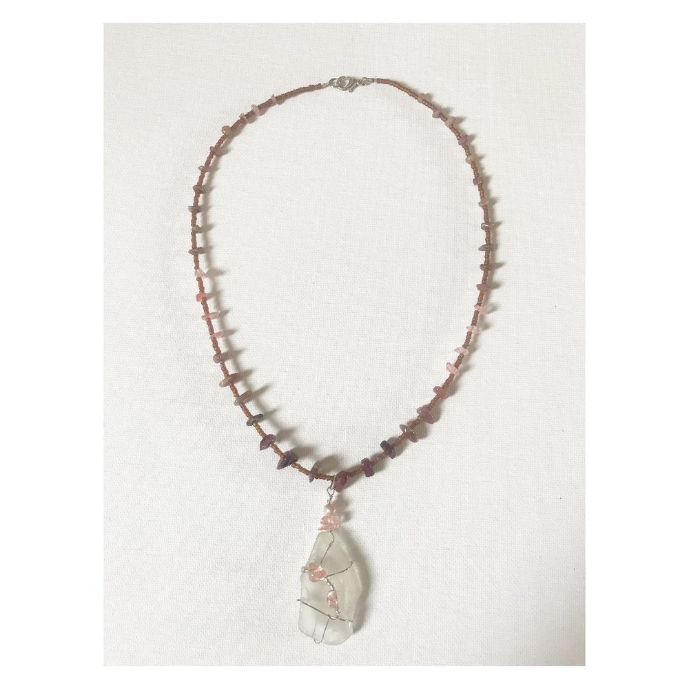 Clear Sea Glass, Cherry Rose Quartz Necklace Ocean Beach Surf Boho Mermaid Gypsy